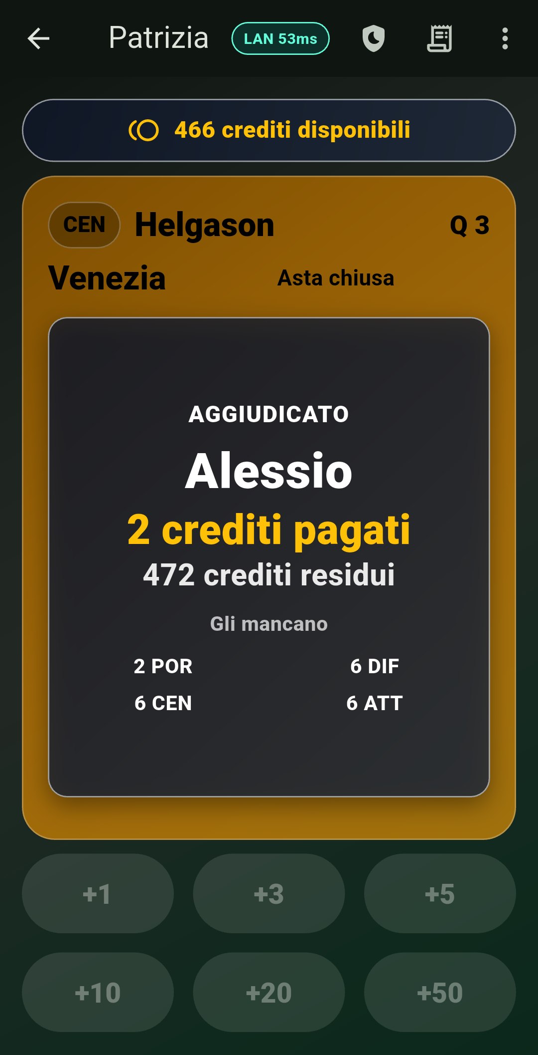 Assegnazione di un giocatore in Fantacalcio Pulse: aggiudicato con crediti pagati, residui e slot per ruolo aggiornati