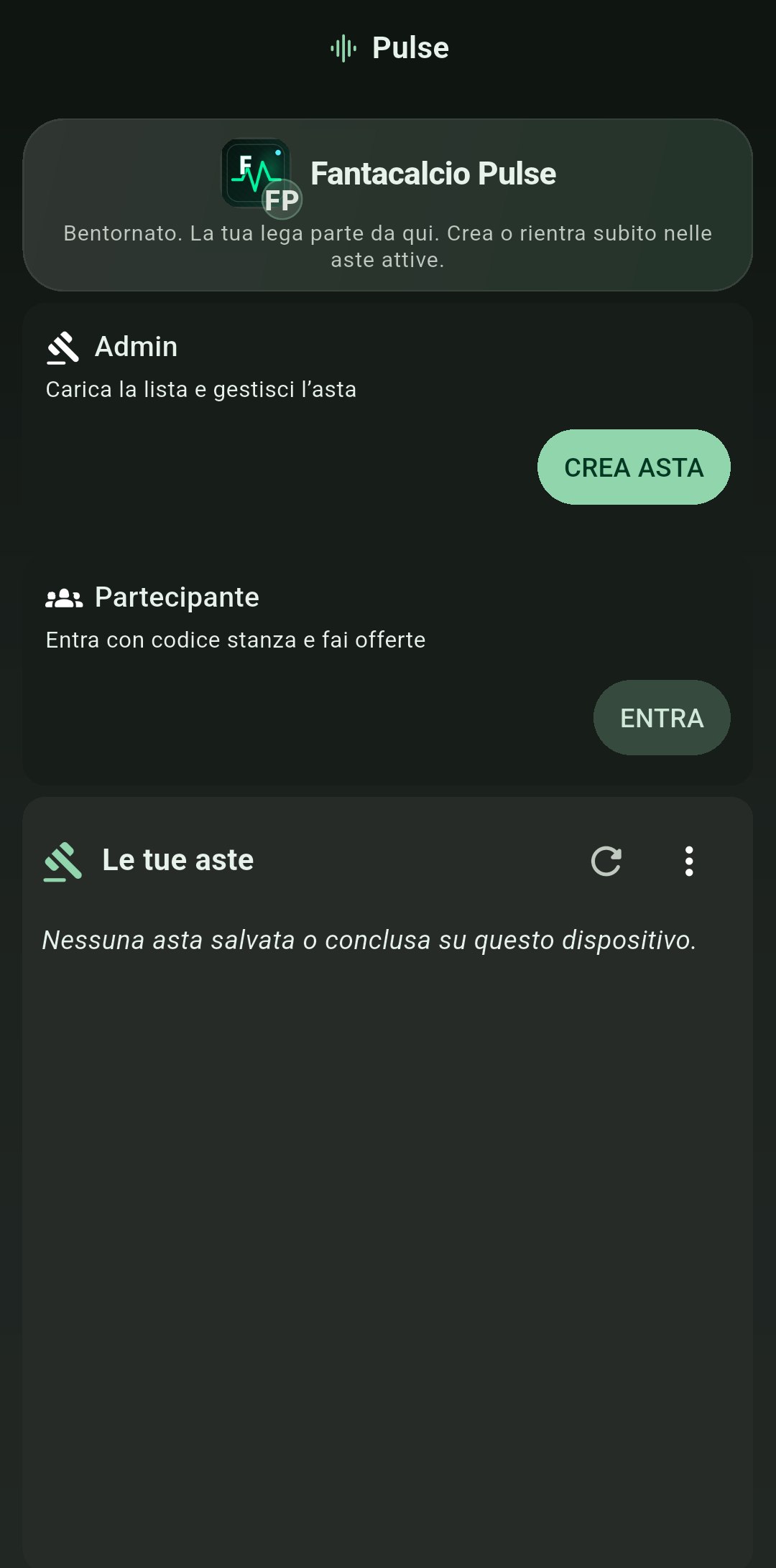 Home dell'app Fantacalcio Pulse: crea asta come admin oppure entra con il codice stanza come partecipante
